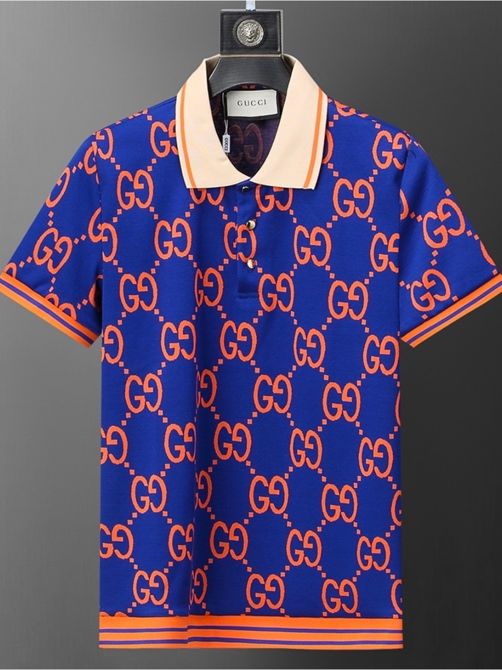 GUCCI Royal Blue Polo with Orange GG Motif and Cream Collar